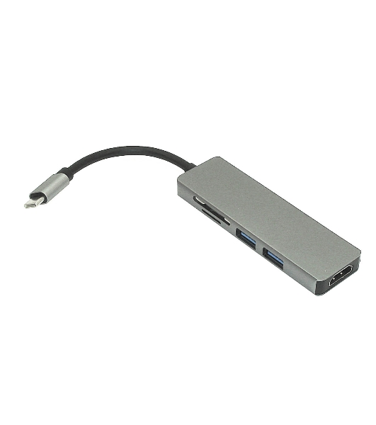 Адаптер Type-C на HDMI, USB 3.0*2 + SD/TF для MacBook, серебро