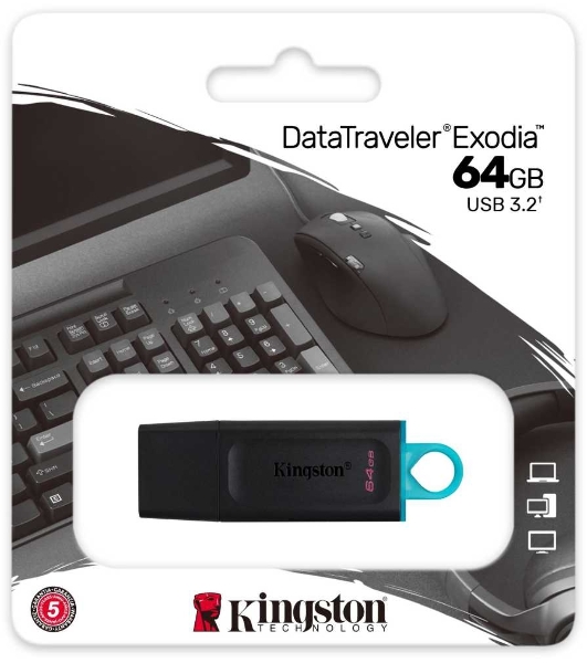 Флешка USB Kingston DataTraveler Exodia (DTX/64GB), 64Gb, USB 3.2 Gen 1, R/W 200/60, черный/бирюзовый