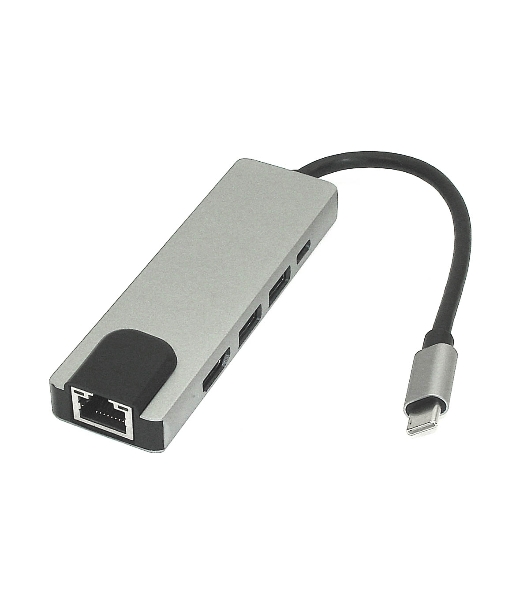Адаптер Type-C на HDMI, USB 3.0*2 + RJ45 + Type-C, серебро