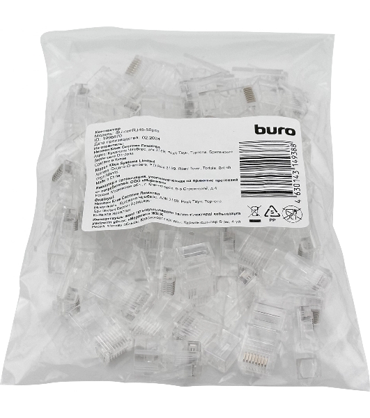 Коннектор Buro RJ45 прозрачный (упак.: 50 шт)