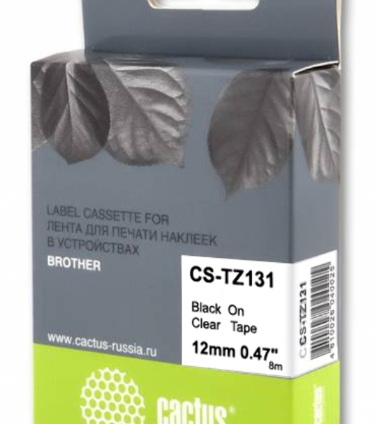 Картридж ленточный Cactus CS-TZ131 черный 12мм, черный шрифт, прозрачный фон, 8м для Brother 1010/1280/1830VP/7600VP
