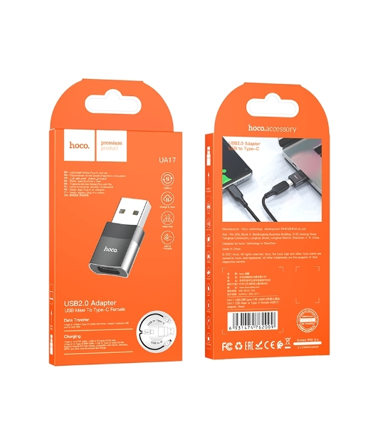 Переходник USB2.0 OTG Hoco, AM/Type-C(F), UA17, черный, коробка