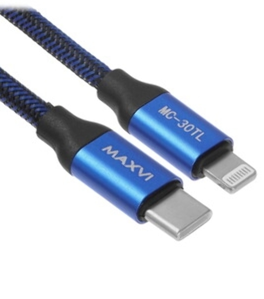 Кабель Maxvi MCm-02L blue, USB-A - Lightning, 2A, магнитный разъем, LED ток макс. нагрузки 2А, макс. напряжение 5V; стандарт USB 2.0; длина 1.5м, нейлоновая оплетка, съемный магнитный коннектор, LED подсветка, синий