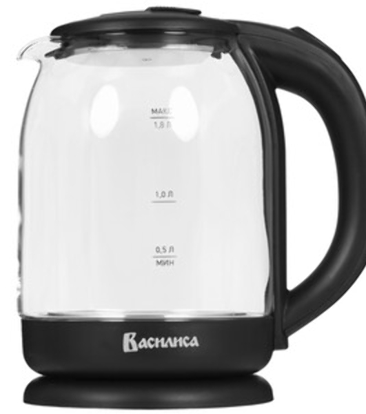 Чайник электрический ВАСИЛИСА ВА-1034 стекло, черный, 1.8 л, 1500 Вт