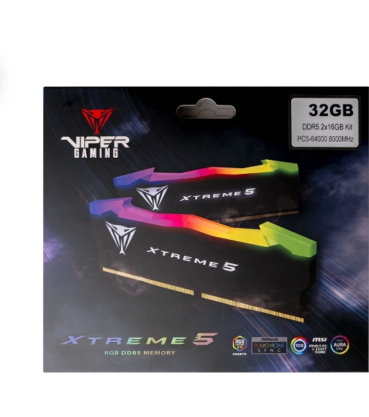 Оперативная память Patriot Viper Xtreme 5, DDR5, 32GB (2x16GB), 7600MHz, CL36, DIMM, с радиаторами, RGB, черный