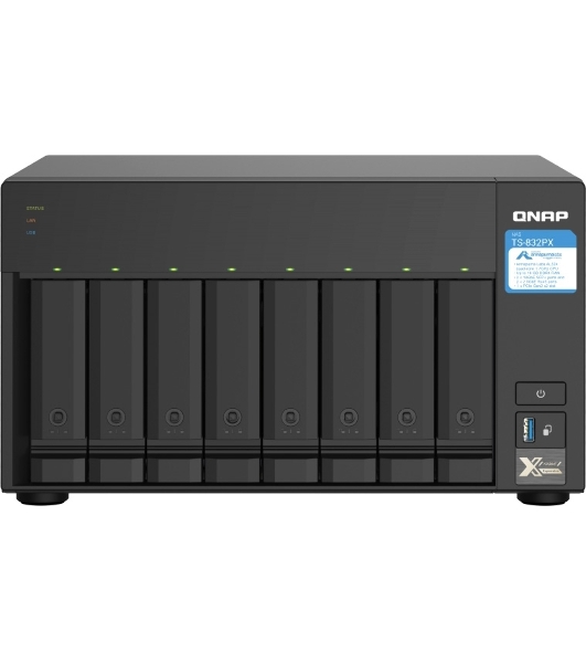 Сетевое хранилище без дисков SMB QNAP TS-832PX-4G 8-Bay NAS, AL324 64-bit quad-core 1.7GHz, 4Gb DDR4 SO-DIMM RAM (up to 1x16 Gb), 8 x 3.5'/2.5' drive slots, 2 x 10GbE SFP+ LAN, 2 x 2.5 GbE LAN, 3 x USB 3.2, PCIe slotGen.2 x 2, 3xUSB 3.2