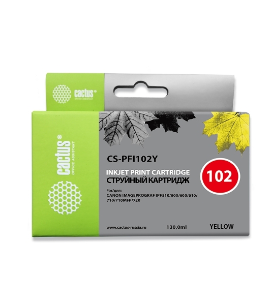 Картридж струйный Cactus CS-PFI102Y желтый (130мл) для Canon IP iPF500/iPF600/iPF700/MFP M40/iPF765/LP17/LP24