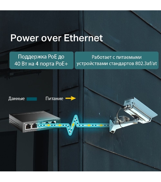 Коммутатор TP-Link 5-Port Gigabit Unmanaged Switch with 4-Port PoE+, metal case, desktop mount, PoE budget 40W.