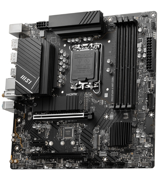 Материнская плата MSI PRO B760M-A WIFI DDR4, LGA 1700, Intel B760, 4xDDR4, 4xSATA, 2xM.2, 1xPCI-E 4.0 x16, 1xPCI-E 4.0 x4, 1xPCI-E x1, 2xHDMI, 2xDP, 1x 2.5Gb LAN, 2xUSB-A 2.0, 2xUSB-A 3.2 Gen 1, 2xUSB-A 3.2 Gen 2, 3x3.5 мм, 7.1, Micro-ATX