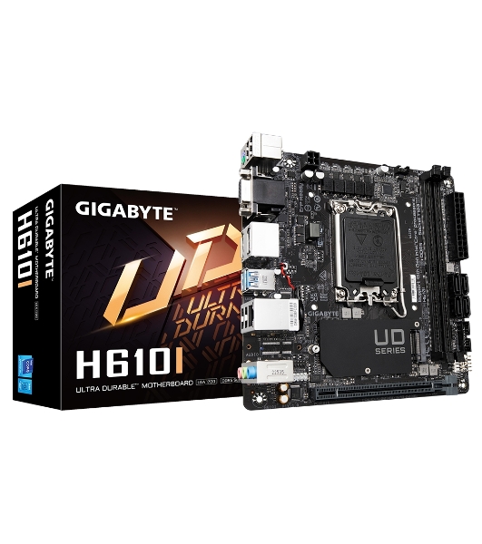 Материнская плата Gigabyte H610I, LGA 1700, Intel H610, 2xDDR5, 4xSATA, 1xM.2, 1xPCIe 4.0 x16, 1xHDMI, 1xVGA, 2xDP, 1x 1Gb LAN, 2xUSB-A 3.2 Gen 1, 4xUSB-A 2.0, 3x 3.5 мм, 7.1, Mini-ITX