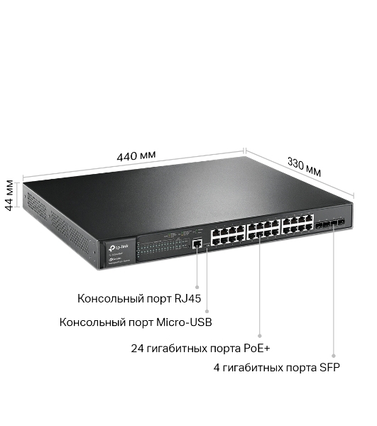 Коммутатор JetStream 28-port Gigabit L2+ Managed Switch with 24-port PoE+, PoE budget up to 384W, support SDN