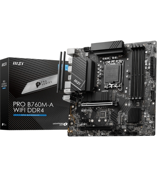 Материнская плата MSI PRO B760M-A WIFI DDR4, LGA 1700, Intel B760, 4xDDR4, 4xSATA, 2xM.2, 1xPCI-E 4.0 x16, 1xPCI-E 4.0 x4, 1xPCI-E x1, 2xHDMI, 2xDP, 1x 2.5Gb LAN, 2xUSB-A 2.0, 2xUSB-A 3.2 Gen 1, 2xUSB-A 3.2 Gen 2, 3x3.5 мм, 7.1, Micro-ATX