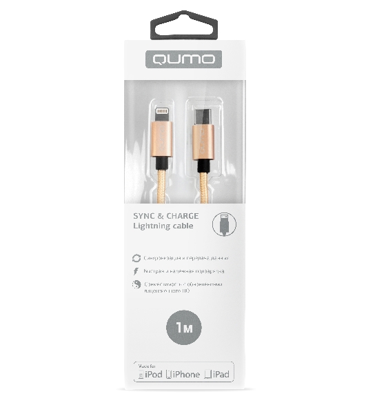 Кабель Qumo MFI, Type-С -Apple 8 pin, 1м, Type-C, 5В, 2,4А, 12W, нейлоновая оплетка, металлический коннектор, золото