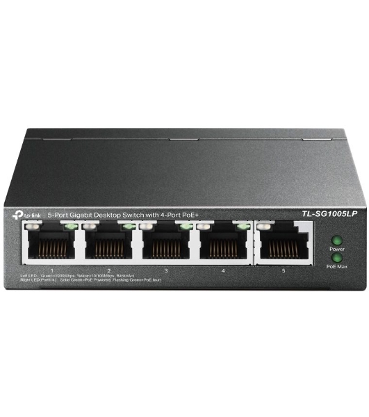 Коммутатор TP-Link 5-Port Gigabit Unmanaged Switch with 4-Port PoE+, metal case, desktop mount, PoE budget 40W.