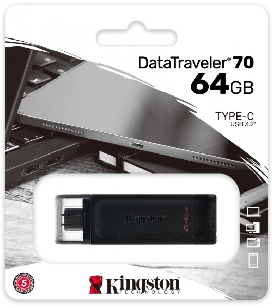 Флешка USB Kingston DataTraveler DT70 (DT70/64Gb), 64Gb, USB Type-C 3.2, R/W 70/45, черный
