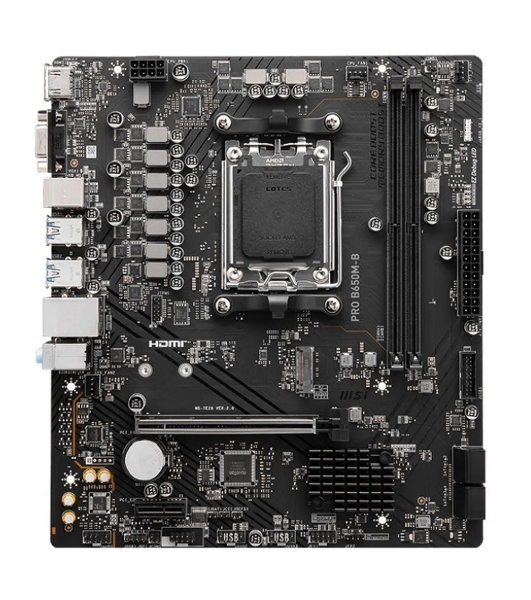 Материнская плата MSI PRO B650M-B, AM5, AMD B650, 2xDDR5, 4xSATA, 1xM.2, 1xPCI-E 4.0 x16, 1xPCI-E 4.0 x1, 1xHDMI, 1xVGA, 1x2.5Gb LAN, 2xUSB 2.0, 4xUSB 3.2 Gen 1, 3x3.5 мм, 7.1, Micro-ATX