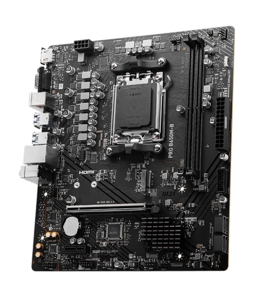Материнская плата MSI PRO B650M-B, AM5, AMD B650, 2xDDR5, 4xSATA, 1xM.2, 1xPCI-E 4.0 x16, 1xPCI-E 4.0 x1, 1xHDMI, 1xVGA, 1x2.5Gb LAN, 2xUSB 2.0, 4xUSB 3.2 Gen 1, 3x3.5 мм, 7.1, Micro-ATX