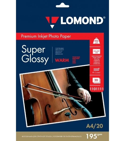 Фотобумага Lomond cуперглянцеваятепло-белая (Super Glossy Warm) микропористая, 195/A4/20л.(К)