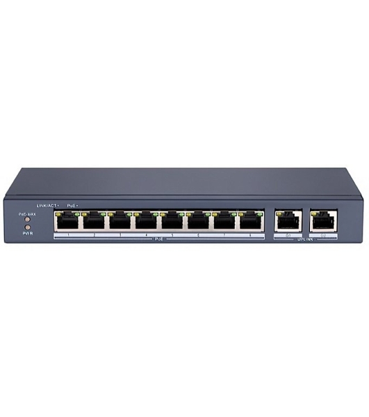 Коммутатор HiWatch DS-S1008GP, 8×1 Гбит/с PoE + 1×1 Гбит/с + 1×1 Гбит/с SFP, неуправляемый