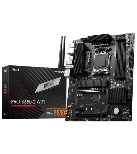 Материнская плата MSI PRO B650-S WIFI, AM5, AMD B650, 4xDDR5, 4xSATA, 2xM.2, 1xPCI-E 4.0 x16, 1xPCI-E 4.0 x4, 1xHDMI, 1xDP, 1x2.5Gb LAN, 3xUSB 3.2 Gen 1, 3xUSB 3.2 Gen 2, 6x3.5 мм, 7.1, Standard-ATX