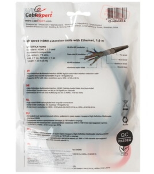 Кабель-удлинитель HDMI Cablexpert CC-HDMI4X-6, 19M/19F, v2.0, позол.разъемы, экран, 1.8м, черный, пакет