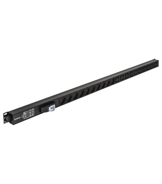 Вертикальный блок розеток с автоматом защиты ExeGate ServerPro PDU-V219 Al-10C1910S-T-1P (19', 1U, Алюминий, 10 IEC 320 C19, 10 Schuko, клеммная колодка, 16A, автомат защиты, черный, RTL)