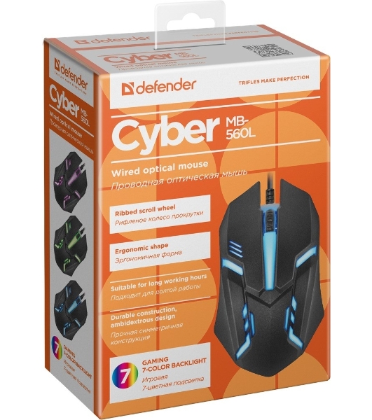 Мышь проводная Defender Cyber MB-560L черный, 1200 dpi, USB, кнопки - 3