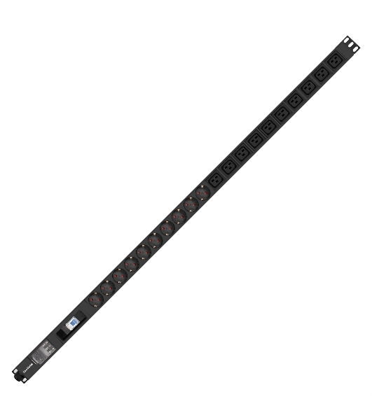 Вертикальный блок розеток с автоматом защиты ExeGate ServerPro PDU-V219 Al-10C1910S-T-1P (19', 1U, Алюминий, 10 IEC 320 C19, 10 Schuko, клеммная колодка, 16A, автомат защиты, черный, RTL)