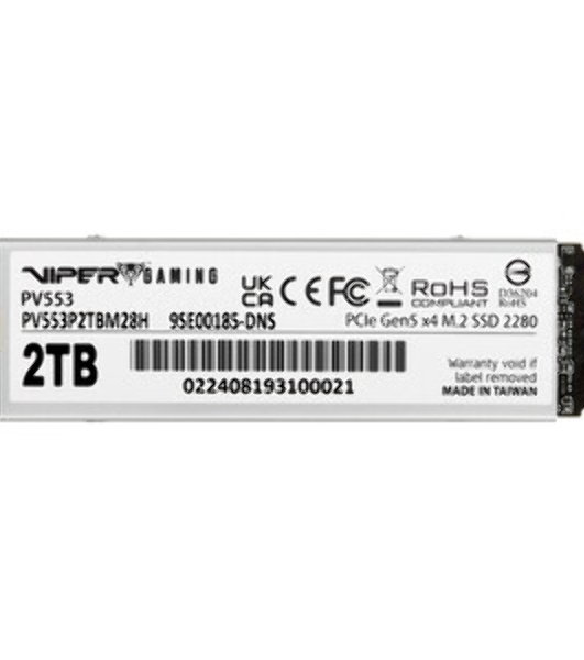 Накопитель SSD Patriot Viper PV553, 2Tb, PCIe 5.0 x4, M.2 2280, NVMe, R/W 12400/11800, активное охлаждение