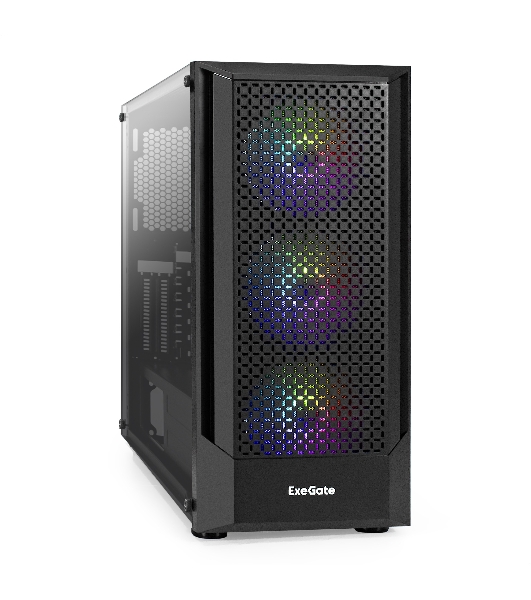 Компьютерный корпус Miditower ExeGate EVO-8227 (ATX, без БП, 2хUSB+1хUSB 3.0+HD Audio, черный, 3 вент. с RGb подсветкой, боковая панель - закаленное стекло)