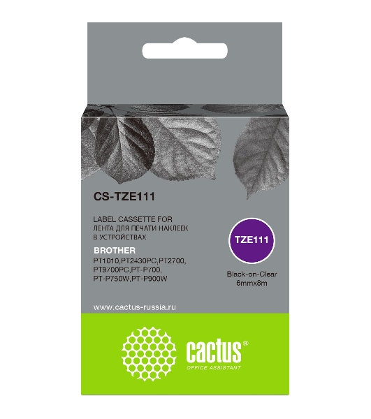 Картридж ленточный Cactus CS-TZE111 черный шрифт, прозрачный фон (6 мм, 8 м) для Brother 1010/1280/1280VP/2700VP