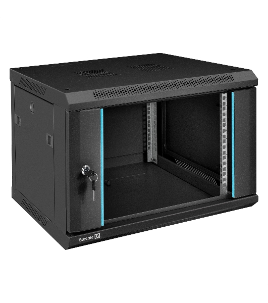 Шкаф телекоммуникационный 19' настенный 6U ExeGate EC-WM-6U.450.G.BLACK (19', 6U, 600x450x370 мм (ШхГхВ), передняя дверь закаленное стекло, съемные боковые панели, пыле- и влагозащита IP23, черный RAL 9004)