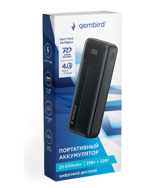 Портативный аккумулятор Gembird GPB-20Q, 20000мА·ч, QC/PD, дисплей, черный