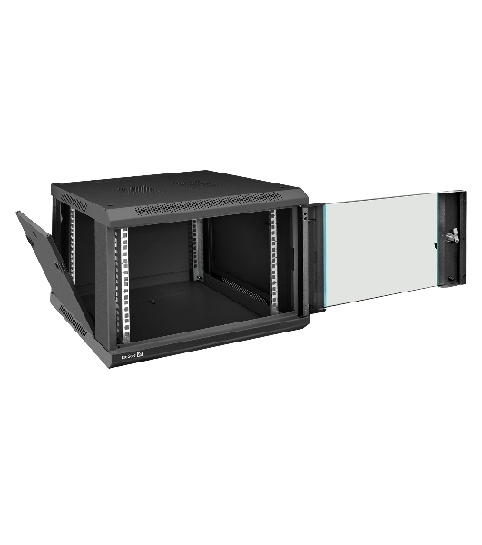 Шкаф телекоммуникационный 19' настенный 6U ExeGate EC-WM-6U.450.G.BLACK (19', 6U, 600x450x370 мм (ШхГхВ), передняя дверь закаленное стекло, съемные боковые панели, пыле- и влагозащита IP23, черный RAL 9004)
