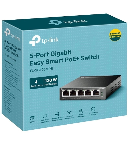 Коммутатор TP-Link TL-SG105MPE Easy Smart с 5 гигабитными портами (4 порта PoE+), 802.3af/at, бюджет PoE — 120 Вт, стальной корпус