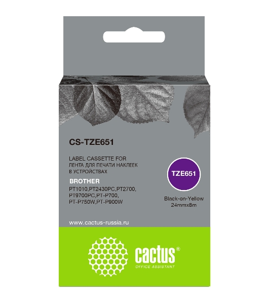 Картридж ленточный Cactus CS-TZE651 черный шрифт, желтый фон (24 мм, 8 м) для Brother 1010/1280/1280VP/2700VP