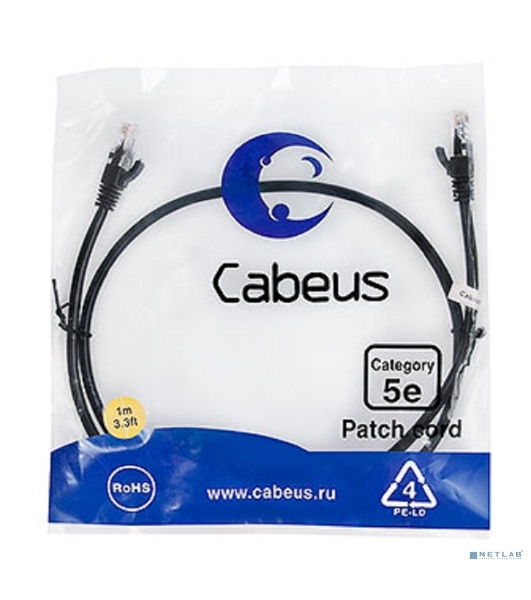 Шнур коммутационный Cabeus, Cat.5e, неэкр., U/UTP, RJ45/RJ45, LSZH, AWG24, 1м, черный