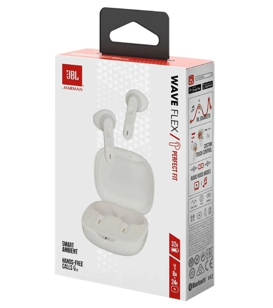 Наушники TWS JBL Wave Flex белый, вкладыши, Bluetooth, быстрая зарядка, до 8 ч