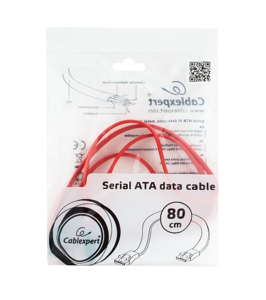 Кабель интерфейсный SATAIII Cablexpert CC-SATAM-DATA-0.8M, 80 см, 7pin/7pin, защелка, пакет