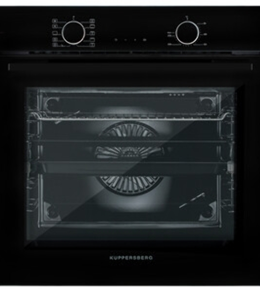 Встраиваемый духовой шкаф Kuppersberg HF 609 B, High-Tech, объем 80 л, 10 режимов работы, телескопические направляющие, цифровой таймер, 2 стекла в дверце, утапливаемые переключатели, энергоэффективность А, черный