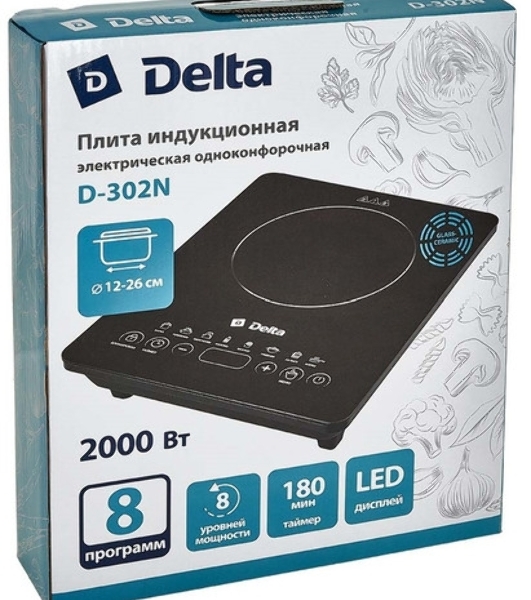 Плита настольная электрическая DELTA D-302N черный, 2 кВт, индукция, конфорки - 1, стеклокерамика, сенсор