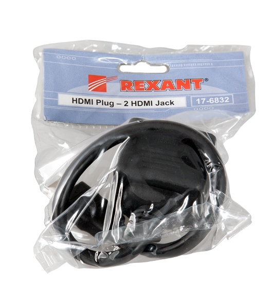 Переходник Rexant штекер HDMI - 2 гнезда HDMI с проводом, черный (10 шт./уп.)