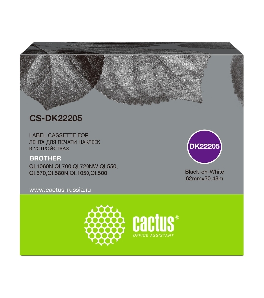 Картридж ленточный Cactus CS-DK22205 62мм, черный шрифт, белый фон, 30.48м для Brother P-touch QL-500, QL-550, QL-700, QL-800