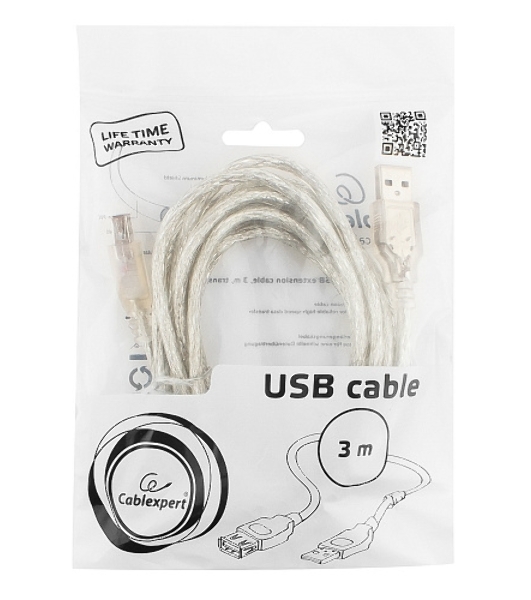 Кабель Cablexpert USB2.0 Pro, AM/AF, 3м, экран, 2 феррит.кольца, прозрачный (CCF-USB2-AMAF-TR-10)
