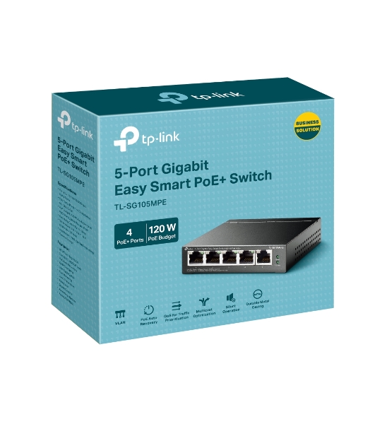 Коммутатор TP-Link TL-SG105MPE Easy Smart с 5 гигабитными портами (4 порта PoE+), 802.3af/at, бюджет PoE — 120 Вт, стальной корпус