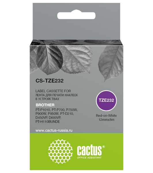 Картридж ленточный Cactus CS-TZE232 TZe-232 красный шрифт, белый фон (12 мм, 8 м) для Brother PT-P1010, PT-P700, P750W, P900W, P950W, PT-D210, D450VP, D600VP, PT-H110BUNDE