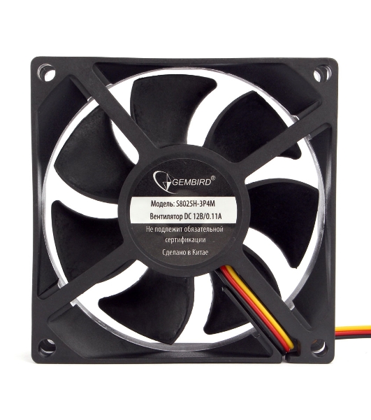 Вентилятор для корпуса Gembird 80x80x25, гидрод., тихий, 3 pin/4pin Molex, провод 30 см