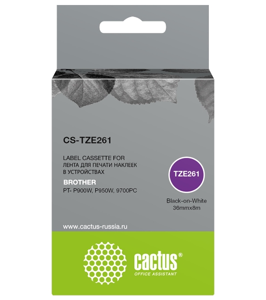 Картридж ленточный Cactus CS-TZE261 TZe-261 черный шрифт, белый фон (36 мм, 8 м) для Brother PT- P900W, P950W, 9700PC