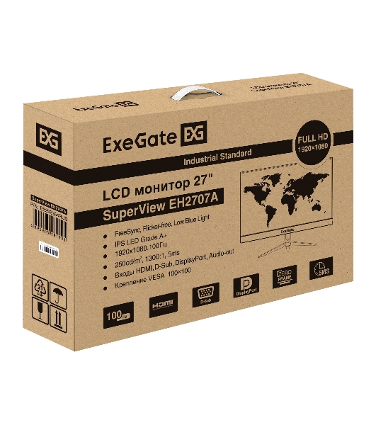 Монитор 27' ExeGate SuperView EH2707A IPS 1920x1080, 100 Гц, 5 мс, 16:9, 250 кд/м², HDMI 2.0, DP, VGA, 3.5 мм, FreeSync, черный