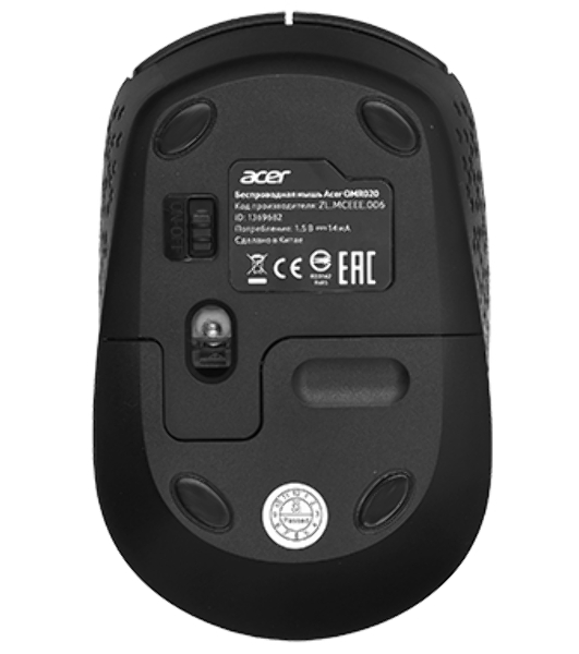 Мышь беспроводная Acer OMR020 черный, 1200 dpi, радиоканал, USB, кнопки - 3